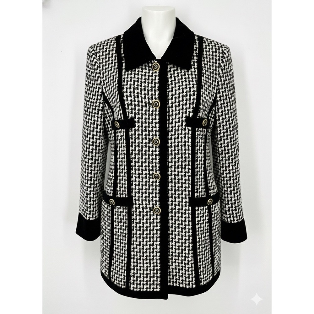 ESCADA by Margaretha Ley Houndstooth Blazer Jacket Tweed‎ Velvet Size 42 NOTES